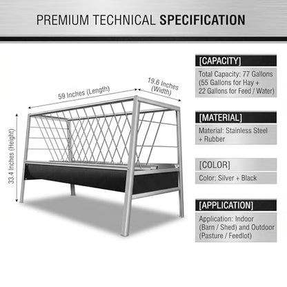 77 Gallon Hay Feeder, Stainless Steel Goat Feeder for Goats Sheep Calves and Horses, Anti-Waste Goat Feeder with Rubber Trough Livestock Feeder