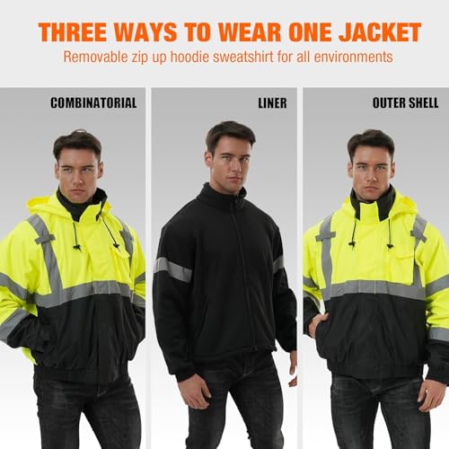 SKSAFETY 3-in-1 High Visibility Winter Bomber Jackets Zip Out Fleece Liner Reflective Safety Coats for men Waterproof ANSI/ISEA Class 3(Lime S) - color: Lime, size: Small