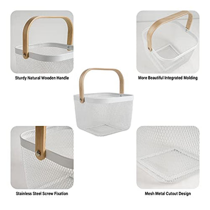 Metal Mesh Steel Harvest Basket, Square Wire Garden Basket with Handle – Multi-Functional Storage Organizer for Gathering Vegetables, Fruits, Kitchen, Garden, Picnic & Cabinet (White) - color: White-Square