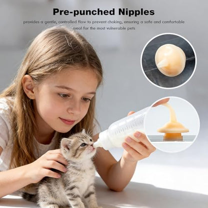 Newborn Pet Feeding Kit, 100ml Small Animal Nursing Bottle with BPA-Free Nipple, Oral Syringe, Measuring Cup & Cleaning Brush for Kittens, Puppies, Rabbits, Squirrels | Safe Hygienic Milk Feeder Set