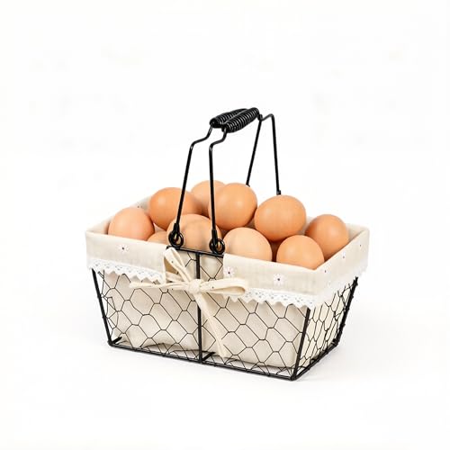 Farmhouse Vintage Metal Wire Chicken Egg Basket with Handle, Square Storage Basket with Removable Linen Liner, Decorative Countertop Organizer for Gathering Fresh Eggs, Fruits and Vegetables