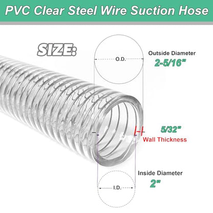 Suction Hose 2"ID x 25ft Reinforced Tubing PVC Clear Wire Vinyl Tubing,Heavy Duty Spiral Steel Flexible Hose,Dust Collection Boat Marine Pump, Drain - size: 2"ID, style: 25 feet