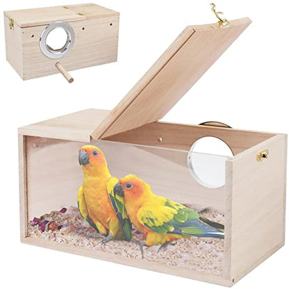 Rypet Parakeet Nesting Box Transparent Design, Thwartwise Bird Nest Breeding Box with Perch Wood Bird Cage House for Cockatiel Lovebirds Budgie Finch Parrotlets Canary M - size: Medium