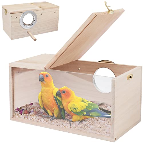 Rypet Parakeet Nesting Box Transparent Design, Thwartwise Bird Nest Breeding Box with Perch Wood Bird Cage House for Cockatiel Lovebirds Budgie Finch Parrotlets Canary M - size: Medium