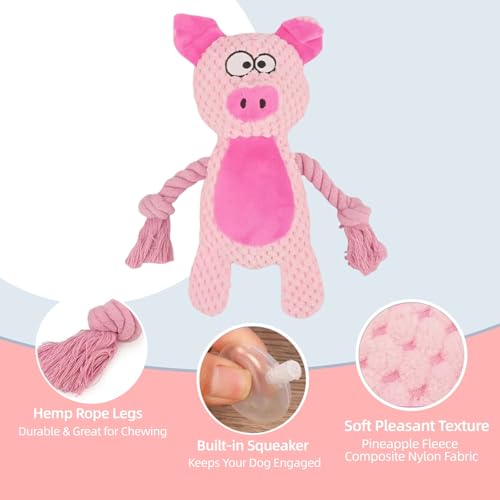 Cotton Rope Squeaky Dog Toy with Crinkle Paper – Interactive Plush Chew Toy for Small & Medium Puppies, Pig Design - color: Pink