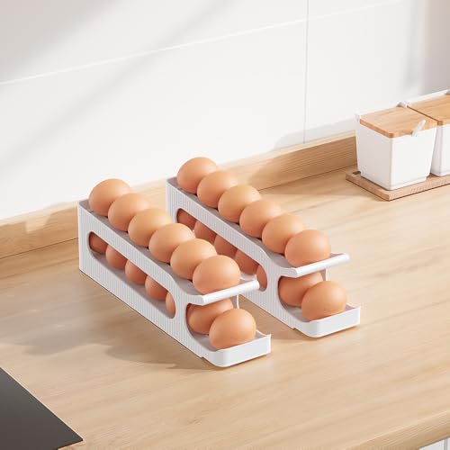 Sotfamily Egg Holder for Fridge, 2 Tiers, Egg Roller for Eggs 12 Count | Auto Rolling Egg Storage Organizer for Refrigerator, Slim Space Saving Container, Dispenser - size: 2 Tiers