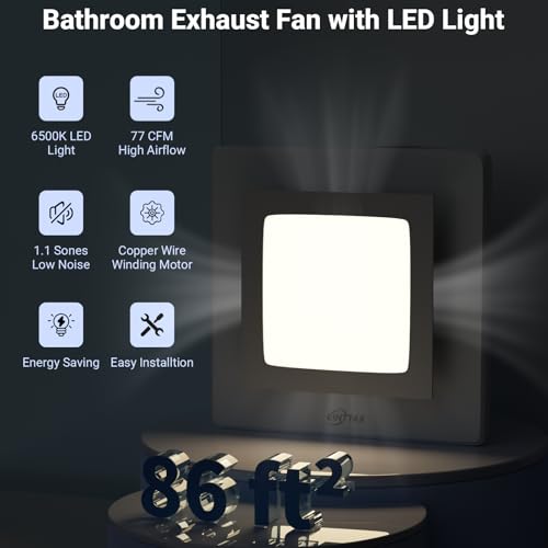 10 Inch Panel Bathroom Exhaust Fan with Light, 77CFM 1.1 Sones Square Quiet Bathroom Fan with 12W 6500K LED Light Combo, 4 Inch Duct Ceiling Mount for Home/Bath/Office/Hotel, White - size: square