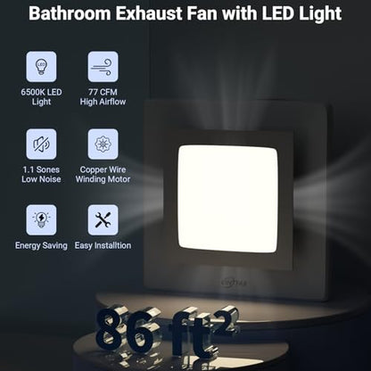 10 Inch Panel Bathroom Exhaust Fan with Light, 77CFM 1.1 Sones Square Quiet Bathroom Fan with 12W 6500K LED Light Combo, 4 Inch Duct Ceiling Mount for Home/Bath/Office/Hotel, White - size: square