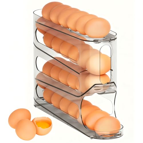 Egg Holder For Fridge - 4 Tier Sliding Refrigerator Egg Organizer, Automatic Rolling Dispenser, Space-Saving Side Door Storage Rack, Generous Design Accommodates Up To 30 Eggs, Grey - color: grey