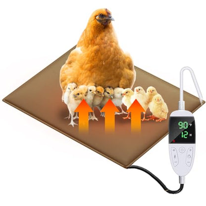 Chicken Heating Pad Chick Brooder Pad Poultry Heated Mat Adjustable Digital Thermostat Brood Heater Warming Blanket with Timer Anti Bite Wire Warmer Bed for Small Animal Pet 15.7 x 23.6 inch - color: Brown, size: 23.6"L x 15.7"W x 0.5"H