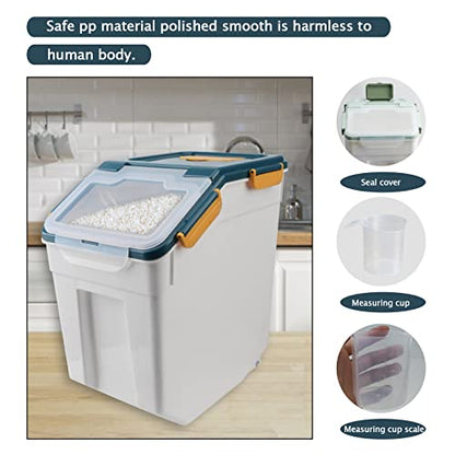 2 Pack 25lbs Rice Container with Wheels, Large Flour and Grain Storage Container with Lid, Measuring Cup and Scoop, Plastic Food Storage Bin for Kitchen Pantry (Dark Blue) - color: 2Pcs 25LB Blue