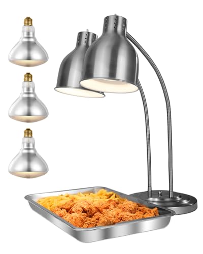 VEVOR Food Heat Lamp, 500W Electric Commercial Food Warmer Light, 2-Head Stainless Steel French Fry Heating Lamp with 3 Bulbs, Catering Food Warming Equipment for Kitchen, Buffet, Restaurant, Silver - style: Tabletop