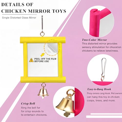 Sumind 2 Pieces Chicken Mirror Toys Hanging Swing Mirror with Bell Wooden Pecking Toy and 4 Pieces Beak Grinding Molar Stones for Hens Birds Parrots - color: Rose Red,Yellow