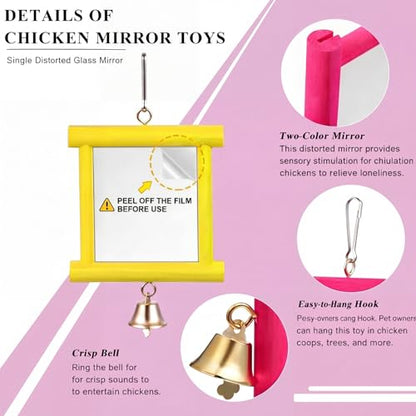 Sumind 2 Pieces Chicken Mirror Toys Hanging Swing Mirror with Bell Wooden Pecking Toy and 4 Pieces Beak Grinding Molar Stones for Hens Birds Parrots - color: Rose Red,Yellow