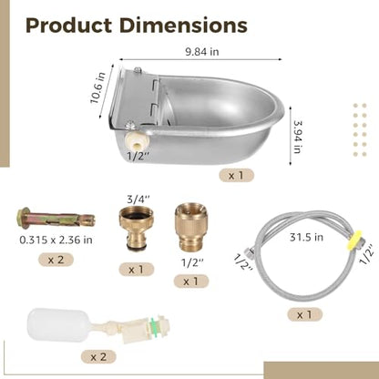 Automatic Animal Drinking Water Bowl, 304 Stainless Steel Waterer Kit, with Float Valve and 31.5 in Metal Pipe, for Cattle, Poultry, and Livestock