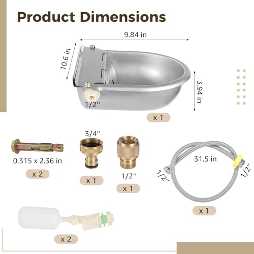 Automatic Drinking Water Bowl, Stainless Steel Waterer Kit with Float Valve, 31.5 in Metal Pipe, Livestock Waterer for Cattle, Poultry, and More