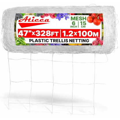 ATICCA Plastic Trellis Netting 47" x 328 ft Heavy Duty Plant Support Netting White - 6 Inch Garden Trellis on Roll - Mesh for Growing Vine Climbing Plants, Flowers, Peas, and Cucumber - size: 47''x328ft Plastic Trellis Netting