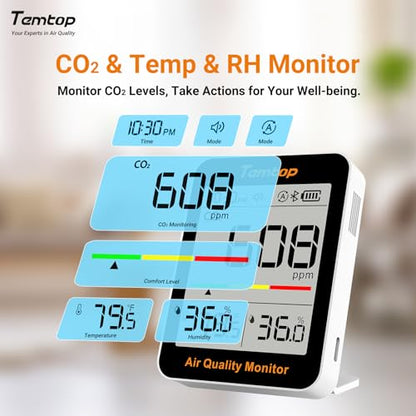 Temtop Smart Indoor Thermometer C1+ with Bluetooth & APP – Digital Room Temperature Monitor, Humidity Gauge, and Portable CO2 Meter for Home, Office, Baby Nursery, or School - size: C1Plus-Temp/Humidity/CO2/AQI