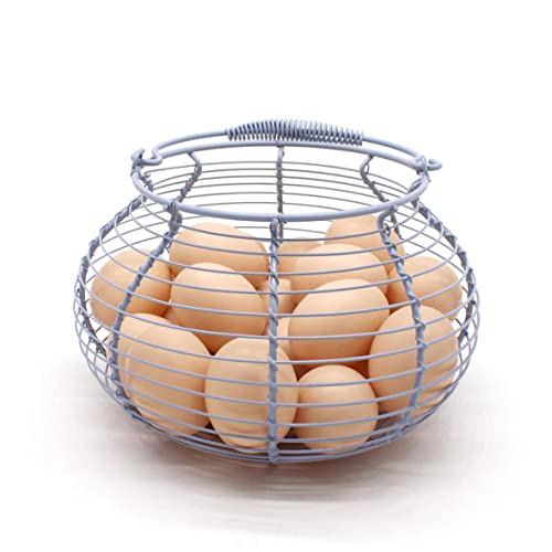 CVHOMEDECO. Elegant Wire Egg Basket with swimming Handle Primitives Vintage Gathering Basket. Light Blue (7-3/4"Dia. X 5"H Blue) - size: 7-3/4" Dia. x 5" H - Light Blue