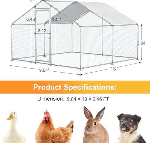 Morngardo Large Chicken Coop, 10×13 FT Metal Run for 20 Chickens, Walk in Yard Poultry Cage Hen House with Waterproof Cover - size: 118.1"L x 177.2"W x 77.6"H
