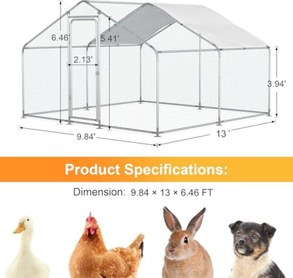 Morngardo Large Chicken Coop, 10×13 FT Metal Run for 20 Chickens, Walk in Yard Poultry Cage Hen House with Waterproof Cover - size: 118.1"L x 177.2"W x 77.6"H