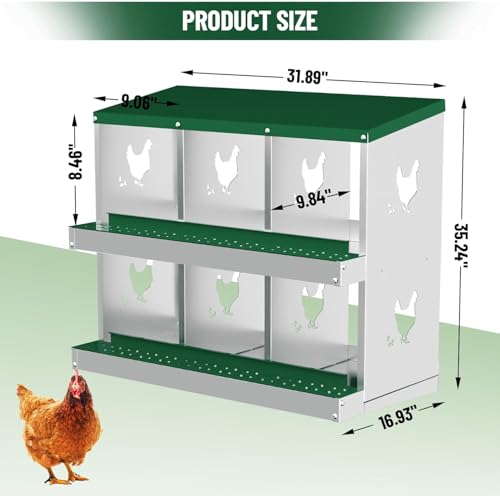 Chicken Nesting Box with 6 Compartments, Durable Metal Laying Box with Perch and Secure Lid, Versatile Wall Mounted or Free Standing Design, Easy to Clean Chicken Coop Accessory, Green