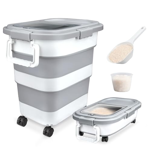 Komzon Rice Storage Container, Collapsible Airtight 10-40 Lb Rice Storage Container, 25lb Pet Dog Food Storage Container, Rice Dispenser Bin with Cup and Scoop for Flour Cereal Pasta Grain, Cat Bird - size: 10-40 Lbs