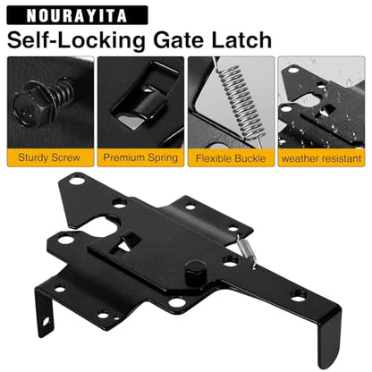 Heavy Duty Self Closing Gate Hinge and Latch Kit for Wooden/Vinyl Fence Gate Rust Proof Gate Hardware Kit 4 Adjustable Self Closing Hinges & 2 Post Mount Self Locking Gate Latch (Black)