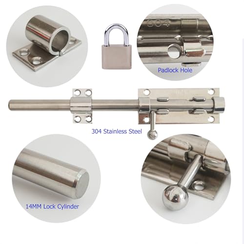 Barrel Bolt Latch Heavy Duty, 304 Stainless Steel Gate Latch Slide Lock with Padlock Hole, 14mm Dia. Rod Security Sliding Bolt Gate Latch for Wooden Gates- 10 Inch, Silver - size: 10 Inch - Silver