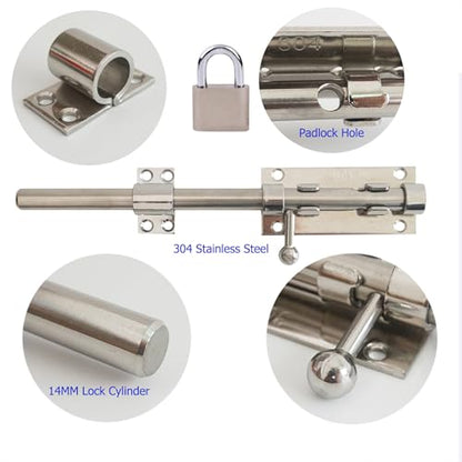 Barrel Bolt Latch Heavy Duty, 304 Stainless Steel Gate Latch Slide Lock with Padlock Hole, 14mm Dia. Rod Security Sliding Bolt Gate Latch for Wooden Gates- 10 Inch, Silver - size: 10 Inch - Silver