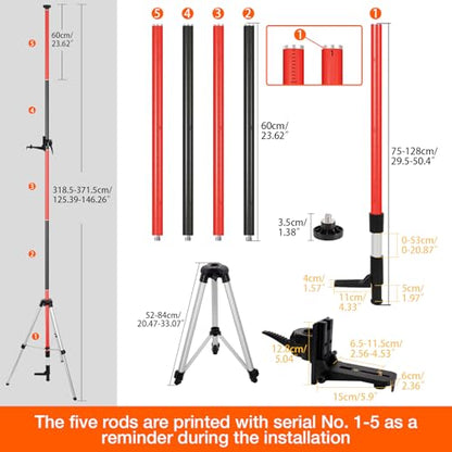 12Ft Telescoping Laser Level Pole with Tripod - Adjustable Laser Stand with Dual Thread Adapter (1/4"-20 & 5/8"-11) for Rotary and Line Lasers, Includes Carrying Case & Bubble Level(Black&Red) - color: Black&red