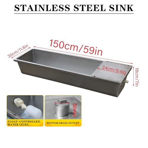 39in / 59in Livestock Water Trough Livestock Feeding Trough Large Capacity Self Filling with Float Valve Kit, Animal Stainless Steel Larger Automatic Waterer for Pig Sheep Horses,Silver,150cm - size: 150cm