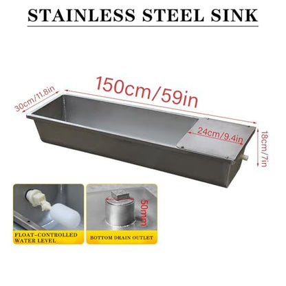 39in / 59in Livestock Water Trough Livestock Feeding Trough Large Capacity Self Filling with Float Valve Kit, Animal Stainless Steel Larger Automatic Waterer for Pig Sheep Horses,Silver,150cm - size: 150cm