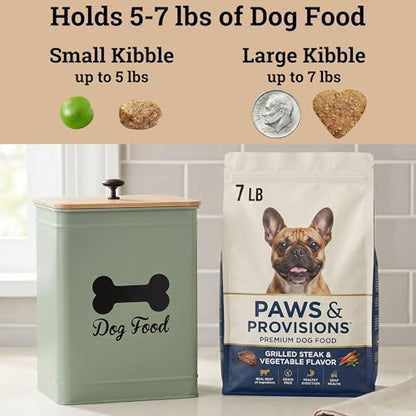 Dog Food Container Airtight Bamboo Lid 5-7 lb, 25 Cups, Sturdy Metal Handle | Pet Jar For Dogs up to 50lbs, Airtight Bamboo Lid, Sturdy Comfortable Metal Handle, Powder Coated Iron, Kibble Storage Bin - color: Sage Green