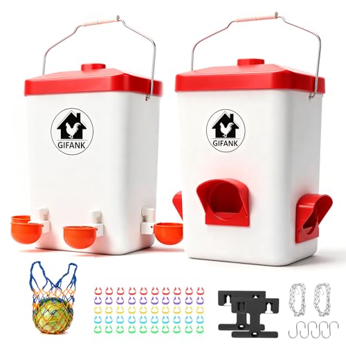 Chicken Feeder and Waterer Set,Hanging Chicken Waterer 3 Gallon | Poultry Water Feeder with Nipples and Feeding Ports No Waste,Chicken Coop Accessories