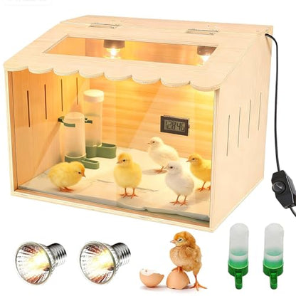Wooden Chick Brooder Box Kit with Adjustable Dual Heater & Thermometer, Poultry Hatching Enclosure with 10 Pads, Feeder, Waterer - Natural Wood Brooder Heater for Baby Chicken, Quail, Ducklings