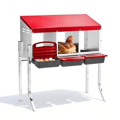 Outvita Chicken Nesting Boxes, 3 Compartments Metal Nesting Boxes for Chickens with Metal Legs, Wall/Floor Mount for Laying Eggs with Swing Perch and Roll Away Egg Collection for Chicken Coop, Red