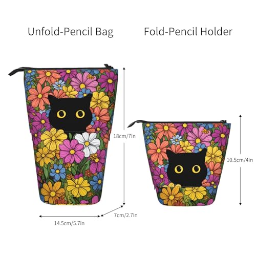 Black Cat Flower Girls Boys Standing Pencil Case Kids Kids Telescopic Stationary Pouch with Zipper Large Capacity Stand up Pen Bag Portable Makeup Holder for Children School Students Office Supplies - color: Black Cat
