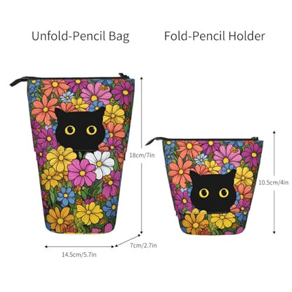 Black Cat Flower Girls Boys Standing Pencil Case Kids Kids Telescopic Stationary Pouch with Zipper Large Capacity Stand up Pen Bag Portable Makeup Holder for Children School Students Office Supplies - color: Black Cat