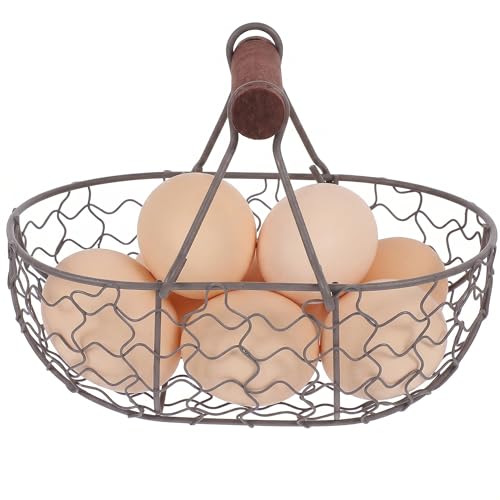 Ipetboom Chicken Wire egg Basket for Gathering - Farmhouse Vintage Style Fresh Eggs Holder With Handle Countertop Storage Container for Collecting Fruit Bread Potato - 7X4.7X4.7in