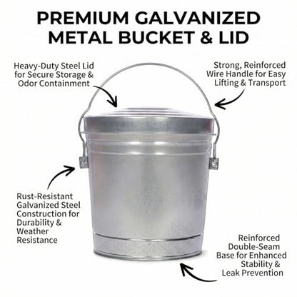 Galvanized Steel Locking Lid Storage Can, 6 Gallon, Heavy Duty Metal Pail for Bird Seed, Dry Pet Food, Charcoal Ash, Rodent Proof, Rust Resistant with Wire Bail Handle