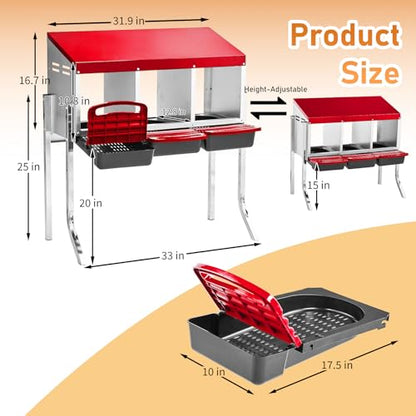 Outvita Chicken Nesting Boxes, 3 Compartments Metal Nesting Boxes for Chickens with Metal Legs, Wall/Floor Mount for Laying Eggs with Swing Perch and Roll Away Egg Collection for Chicken Coop, Red