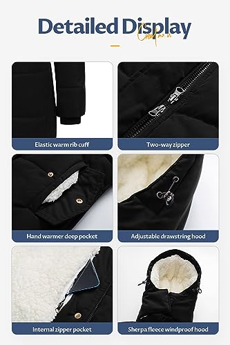 CREATMO US Women's Thicken Sherpa Winter Coat Puffy Warm Snow Jacket With Removable Hood - color: Black, size: Large