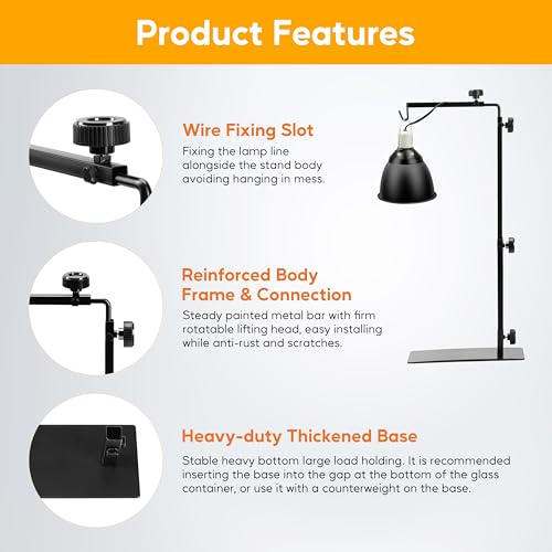 HealSmart Reptile Metal Lamp Stand Adjustable Floor Light Holder, Heating Light Landing Bracket, for Dome lampshade, Terrarium Tank, 15-36 Inch Height