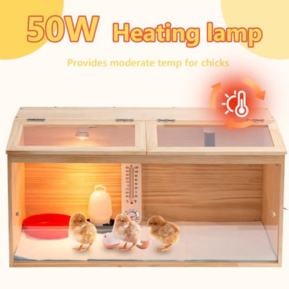 Large Wooden Chicken Brooder Box with Bulb Set and Thermometer - Brooder Box for Chicks Indoor Accommodates Up to 12 Chicks - Ideal for Chickens, Ducks, Quails, Hamsters, and Lizards（32x16x16 Inches）