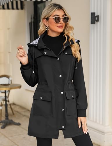 Bloggerlove Rain Jacket Women Lightweight Raincoat Waterproof Windbreaker Striped Climbing Outdoor Hooded Trench Coats S-XXL - color: Black, size: XX-Large