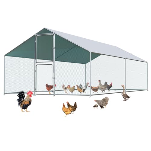 Large Metal Chicken Coop with Run, Waterproof & UV Protected Cover, Holds Up to 30 Chickens. Double Lock Doors, Spire Roof Design, Ideal for Hens, Ducks and Rabbits (13.1 x9.8 x 6.6 FT) - size: 157.0"L x 118.1"W x 78.7"H
