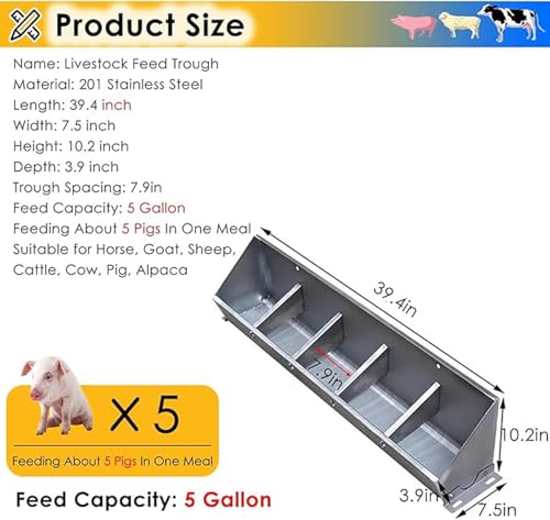 Fengfei Heavy Duty Stainless Steel Hanging Livestock Feed Trough, Sloped Opening for Easy Feeding, Separated Fence Design for Pig Sheep Cattle,39.4 inch Long with 5 Bit | Sloped Opening for Easy Feeding, Separated Fence Design, For Pig Sheep Cattle - size