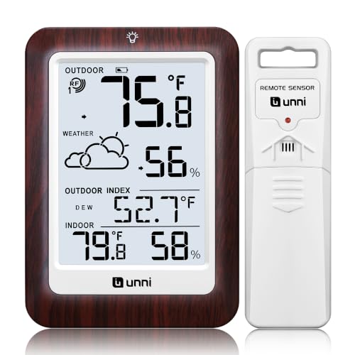 Indoor Outdoor Thermometer Wireless Weather Station, Temperature Humidity Monitor Battery Powered Inside Outside Thermometers with 330ft Range Remote Sensor and Backlight Display（Dark Wood） - color: Dark Wood