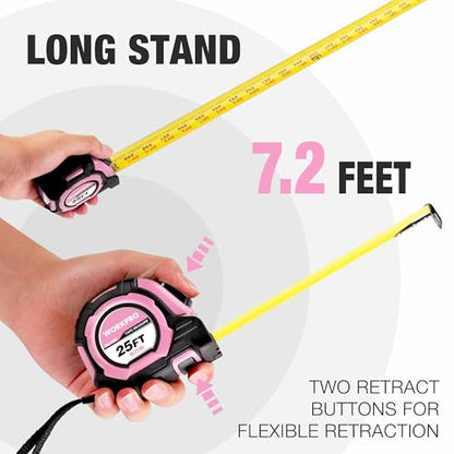 WORKPRO Pink Auto-Lock Tape Measure, 25FT 1/8 Fractions Easy Read Measuring Tape, Double Retract Measurement Tape Accuracy 1/32 for Engineer,with Magnetic Hook, Rubber Protective Casing - Pink Ribbon - color: Pink
